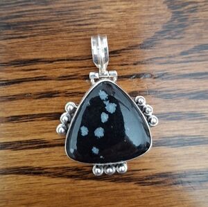 Pendant Snowflake Obsidian Teardrop Sterling Silver Frame